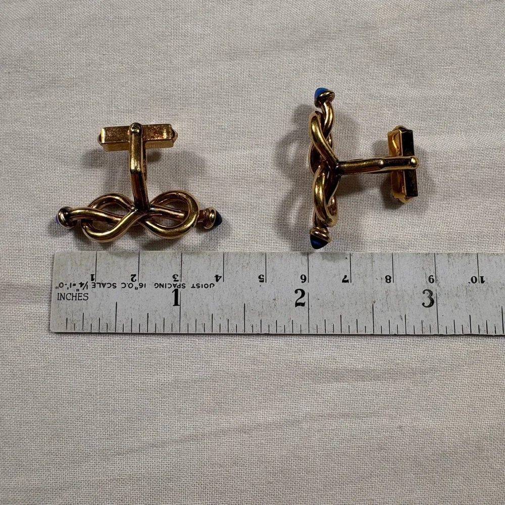 14K Gold Knot Cufflinks with Blue Stones Mens Formal Wear